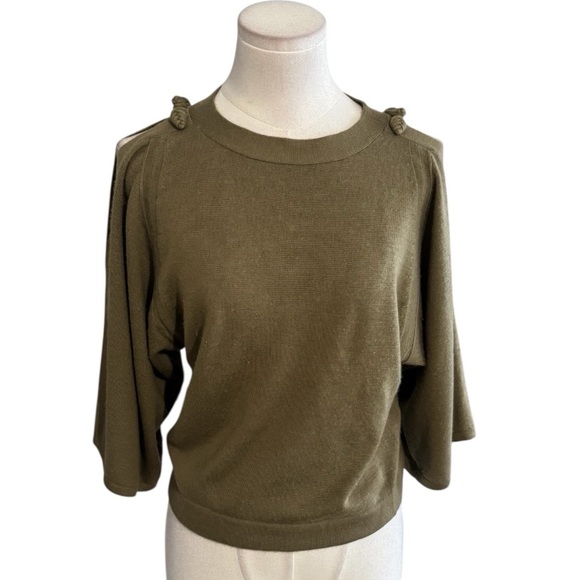Shanghai Tang Army Green 100% Cashmere Sweater Cold Shoulder Size S 2/3 Sleeve - Picture 1 of 6